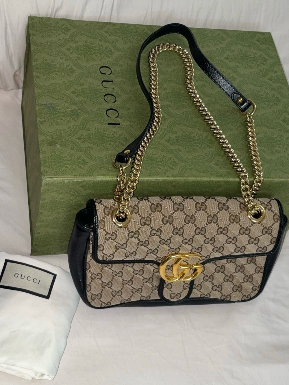 Pristine Gucci GG Marmont Small Shoulder Bag Canvas Black Trim